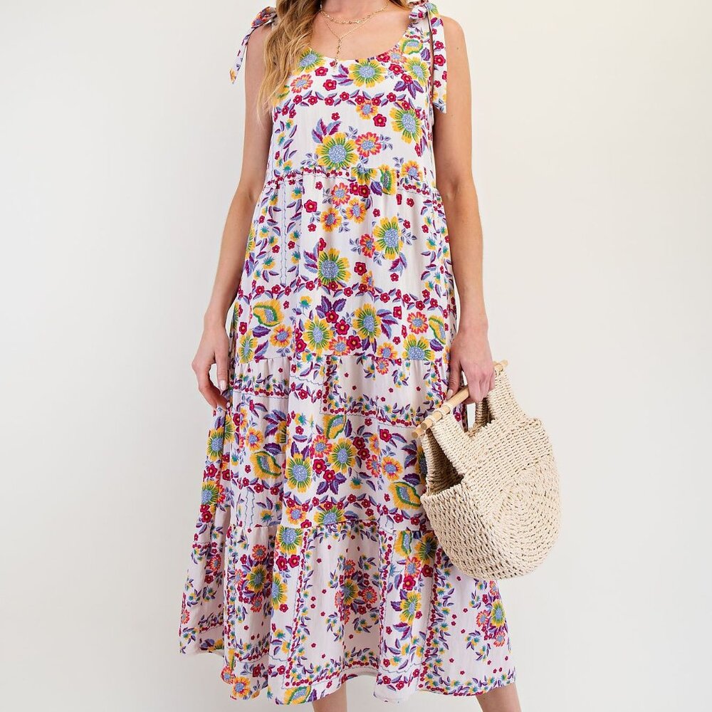 3-0509 Easel Flowy Colorful Dopamine Dressing Summer Tiered Floral Dress